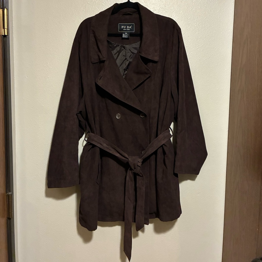 FU DA Belted Trench Coat, Sz 3XL, Chocolate Brown, Faux-suede